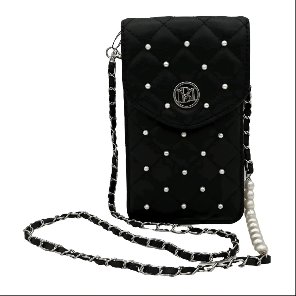 NWT Badgley Mischka Black Quilted Crossbody Phone Holder With Pearl Accents